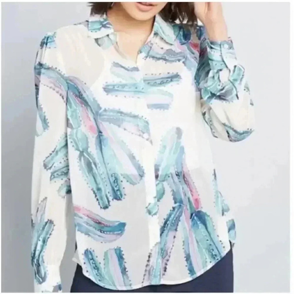 ModCloth Button Down Watercolor Cactus Shirt XS - Picture 4 of 6